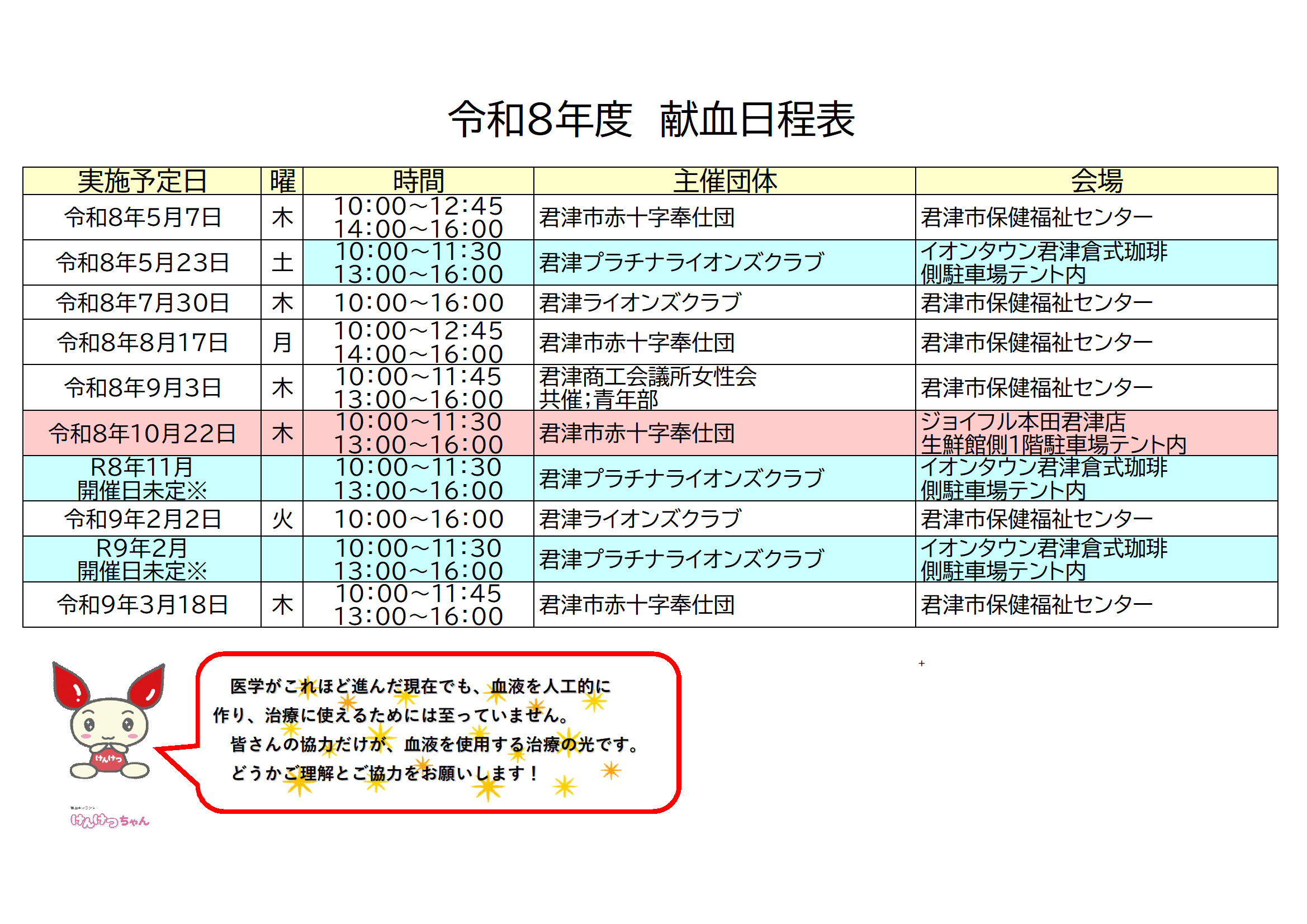 令和8年度君津市献血日程表